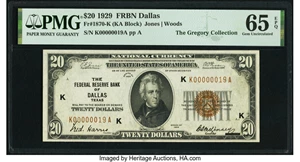image for: Low Serial Number 19 Fr. 1870-K $20 1929 Federal Reserve Bank Note. PMG Gem Uncirculated 65 EPQ....