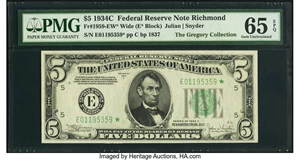 image for: Fr. 1959-E* $5 1934C Wide Federal Reserve Star Note. PMG Gem Uncirculated 65 EPQ....