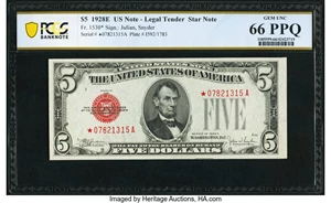 image for: Fr. 1530* $5 1928E Legal Tender Star Note. PCGS Banknote Gem Unc 66 PPQ....