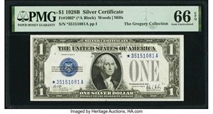 image for: Fr. 1602* $1 1928B Silver Certificate. PMG Gem Uncirculated 66 EPQ....