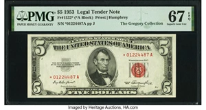 image for: Fr. 1532* $5 1953 Legal Tender Star Note. PMG Superb Gem Unc 67 EPQ....