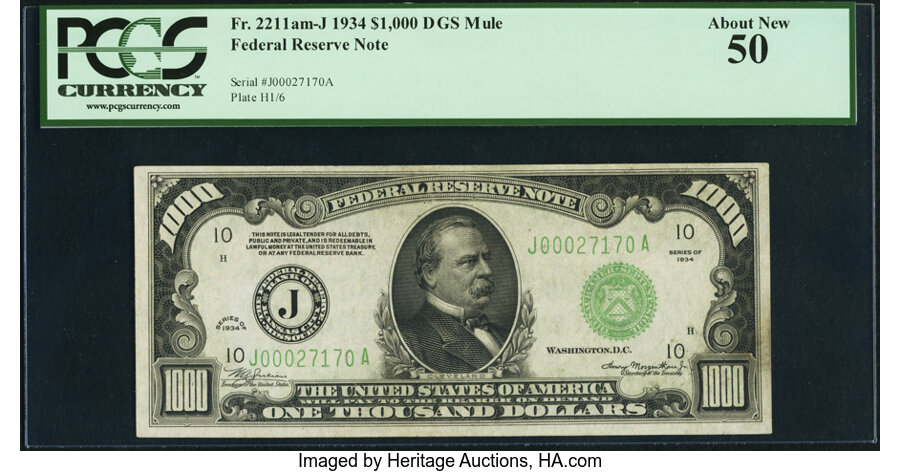 Fr. 2211-J $1,000 1934 Mule Federal Reserve Note. PCGS About New 50. ...