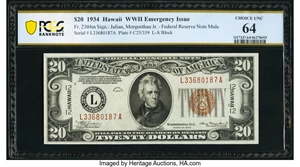 image for: Fr. 2304 $20 1934 Mule Hawaii Federal Reserve Note. PCGS Banknote Choice Unc 64....