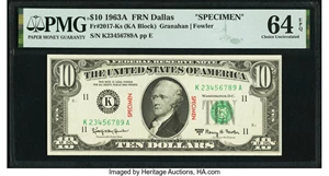 image for: Fr. 2017-K $10 1963A Federal Reserve Specimen Note. PMG Choice Uncirculated 64 EPQ....