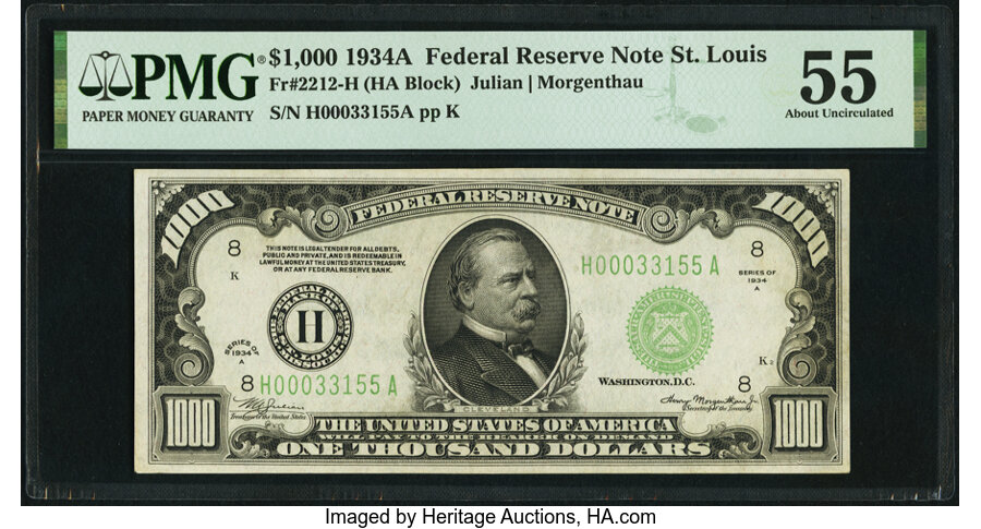 Fr. 2212-H $1,000 1934A Federal Reserve Note. PMG About Uncirculated 55. ...