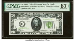 image for: Fr. 2054-H $20 1934 Light Green Seal Federal Reserve Note. PMG Superb Gem Unc 67 EPQ....