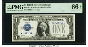 image for: Fr. 1602* $1 1928B Silver Certificate Star. PMG Gem Uncirculated 66 EPQ....