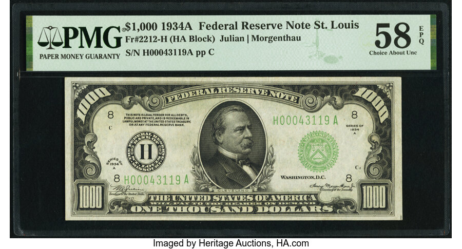 Fr. 2212-H $1,000 1934A Federal Reserve Note. PMG Choice About Unc 58 EPQ. ...