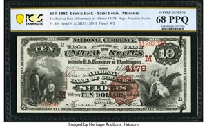 image for: Saint Louis, MO - $10 1882 Brown Back Fr. 484 The National Bank of Commerce Ch. # (M)4178 PCGS Banknote Superb Gem Unc 68 PPQ....