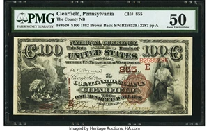 image for: Clearfield, PA - $100 1882 Brown Back Fr. 520 The County National Bank Ch. # (E)855 PMG About Uncirculated 50....