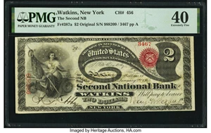 image for: Watkins, NY - $2 Original Fr. 387a The Second National Bank Ch. # 456 PMG Extremely Fine 40....