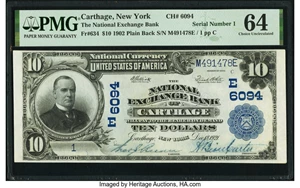 image for: Serial Number 1 Carthage, NY - $10 1902 Plain Back Fr. 634 The National Exchange Bank Ch. # (E)6094 PMG Choice Uncirculated 64...