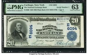image for: Serial Number 1 Carthage, NY - $20 1902 Plain Back Fr. 660 The National Exchange Bank Ch. # 6094 PMG Choice Uncirculated 63....