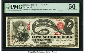 image for: Kansas, IL - $2 Original Fr. 389a The First National Bank Ch. # 2011 PMG About Uncirculated 50....