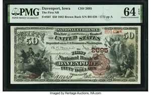 image for: Davenport, IA - $50 1882 Brown Back Fr. 507 The First National Bank Ch. # 2695 PMG Choice Uncirculated 64 EPQ....