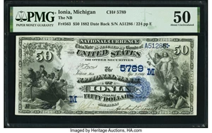 image for: Ionia, MI - $50 1882 Date Back Fr. 563 The National Bank of Ionia Ch. # (M)5789 PMG About Uncirculated 50....