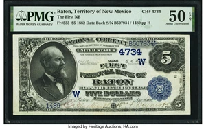 image for: Raton, New Mexico Territory - $5 1882 Date Back Fr. 533 The First National Bank Ch. # (W)4734 PMG About Uncirculated 50 EPQ....