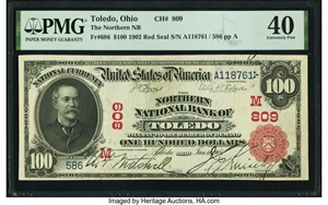 image for: Toledo, OH - $100 1902 Red Seal Fr. 686 The Northern National Bank Ch. # (M)809 PMG Extremely Fine 40....