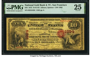 image for: San Francisco, CA - $10 1872 Fr. 1143 The National Gold Bank & Trust Company Ch. # 1994 PMG Very Fine 25....