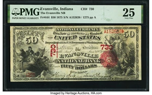 image for: Evansville, IN - $50 1875 Fr. 444 The Evansville National Bank Ch. # 730 PMG Very Fine 25....