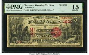 image for: Cheyenne, Wyoming Territory - $5 1875 Fr. 408 The First National Bank Ch. # 1800 PMG Choice Fine 15....