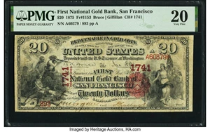 image for: San Francisco, CA - $20 1875 National Gold Bank Note White Paper Variety Fr. 1153 The First National Gold Bank Ch. # 1741 PMG ...