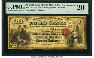 image for: Sacramento, CA - $20 1872 Fr. 1154 The National Gold Bank of D O Mills & Co. Ch. # 2014 PMG Very Fine 20....