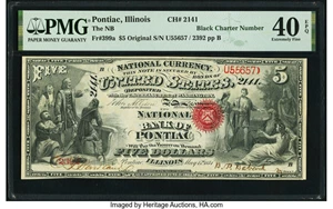 image for: Pontiac, IL - $5 Original Fr. 399a Black Charter Number The National Bank of Pontiac Ch. # 2141 PMG Extremely Fine 40 EPQ....