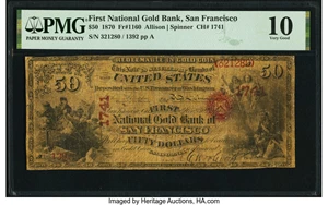 image for: San Francisco, CA - $50 1870 Fr. 1160 The First National Gold Bank Ch. # 1741 PMG Very Good 10....