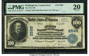 image for: Wallingford, CT - $100 1902 Plain Back Fr. 706 The First National Bank Ch. # 2599 PMG Very Fine 20....
