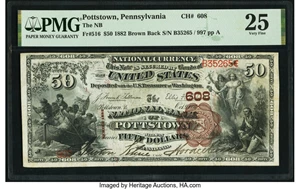 image for: Pottstown, PA - $50 1882 Brown Back Fr. 516 The National Bank of Pottstown Ch. # 608 PMG Very Fine 25....