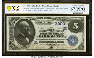 image for: Carrollton, IL - $5 1882 Value Back Fr. 574 The Greene County National Bank Ch. # (M)2390 PCGS Banknote Superb Gem Unc 67 PPQ....