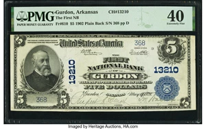 image for: Gurdon, AR - $5 1902 Plain Back Fr. 610 The First National Bank Ch. # 13210 PMG Extremely Fine 40....