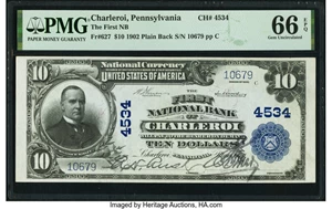 image for: Charleroi, PA - $10 1902 Plain Back Fr. 627 The First National Bank Ch. # 4534 PMG Gem Uncirculated 66 EPQ....