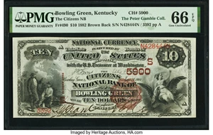 image for: Bowling Green, KY - $10 1882 Brown Back Fr. 490 The Citizens National Bank Ch. # (S)5900 PMG Gem Uncirculated 66 EPQ....