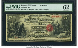 image for: Lapeer, MI - $5 Original Fr. 399 The First National Bank Ch. # 1731 PMG Uncirculated 62....