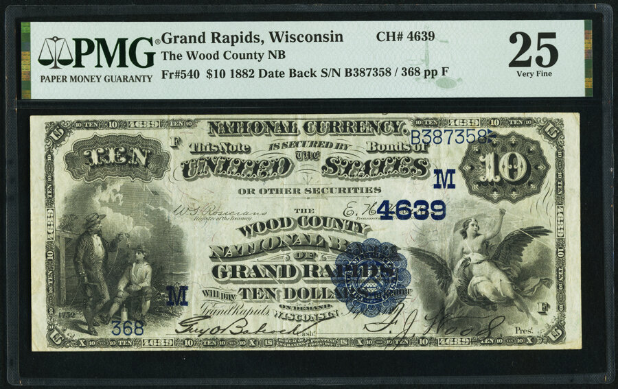 Grand Rapids, WI - $10 1882 Date Back Fr. 540 The Wood County National Bank Ch. # (M)4639 PMG Very Fine 25. ...