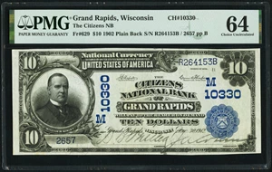 image for: Grand Rapids, WI - $10 1902 Plain Back Fr. 629 The Citizens National Bank Ch. # (M)10330 PMG Choice Uncirculated 64....