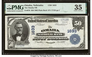 image for: Omaha, NE - $50 1902 Plain Back Fr. 676 The Omaha National Bank Ch. # 1633 PMG Choice Very Fine 35....