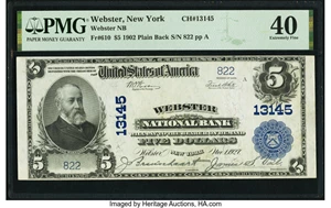 image for: Webster, NY - $5 1902 Plain Back Fr. 610 Webster National Bank Ch. # 13145 PMG Extremely Fine 40....