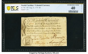 image for: North Carolina August 21, 1775 Hillsborough $4 PCGS Banknote Extremely Fine 40 Details....