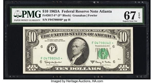 image for: Fr. 2017-F* $10 1963A Federal Reserve Star Note. PMG Superb Gem Unc 67 EPQ....