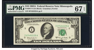 image for: Fr. 2017-I $10 1963A Federal Reserve Note. PMG Superb Gem Unc 67 EPQ....