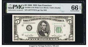image for: Fr. 1961-L $5 1950 Wide I Federal Reserve Note. PMG Gem Uncirculated 66 EPQ....