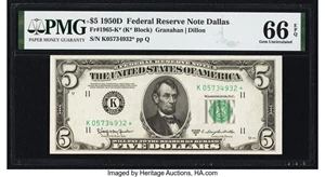 image for: Fr. 1965-K* $5 1950D Federal Reserve Star Note. PMG Gem Uncirculated 66 EPQ....