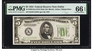 image for: Fr. 1956-K $5 1934 Mule Federal Reserve Note. PMG Gem Uncirculated 66 EPQ....