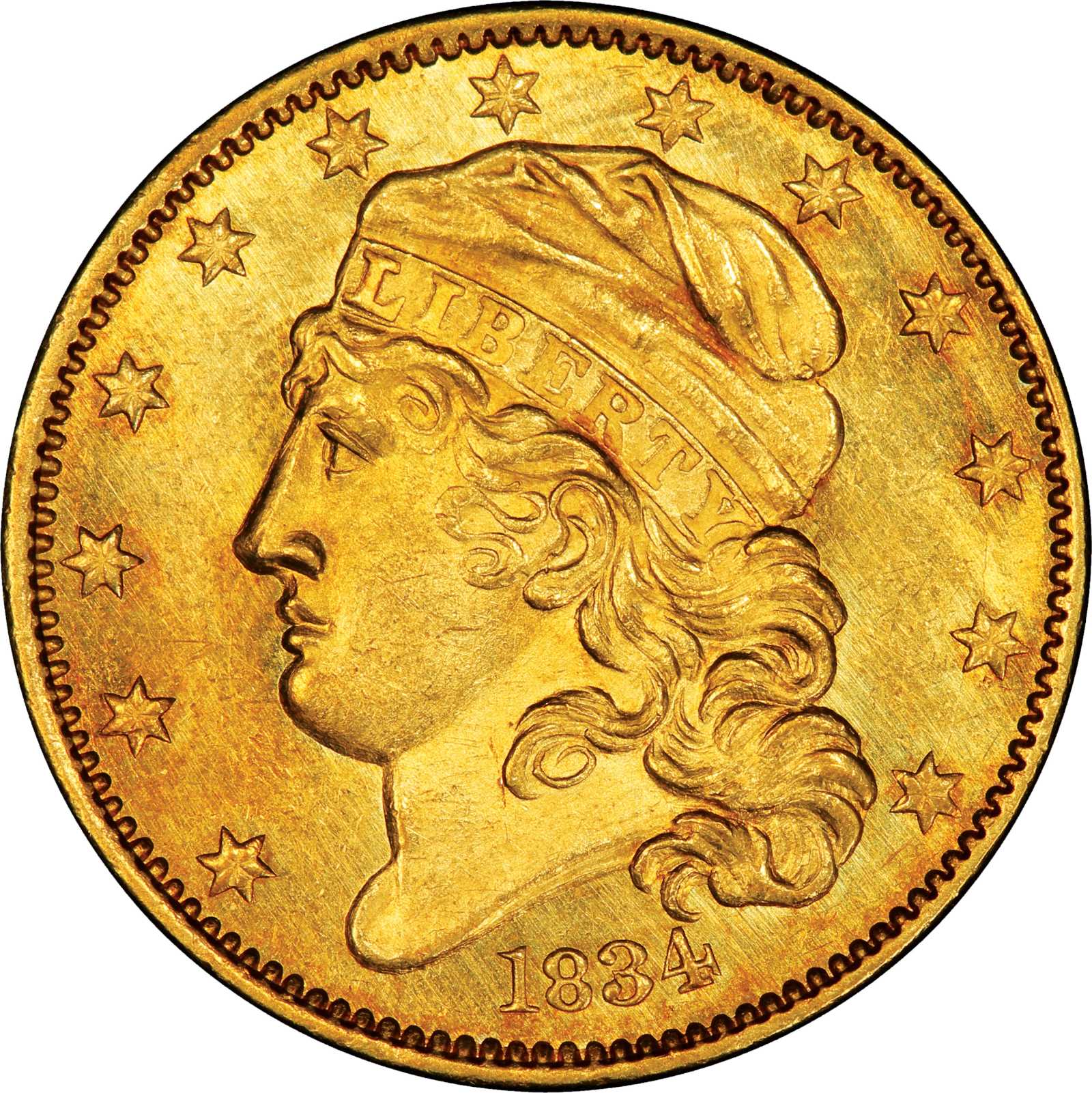 1834 Capped Head Left Half Eagle. Bass Dannreuther-2. Rarity-5. Crosslet 4. Mint State-63+ (PCGS).