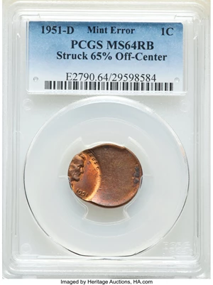 image for: 1951-D 1C Lincoln Cent -- Struck 65% Off-Center -- MS64 Red and Brown PCGS....