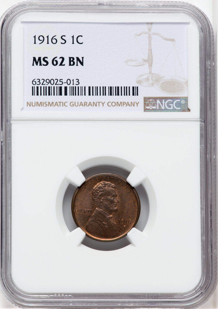 1916-S 1C MS62 Brown NGC. NGC Census: (69/272). PCGS Population: (99/373). CDN: $116 Whsle. Bid for NGC/PCGS MS62. Mintage ...