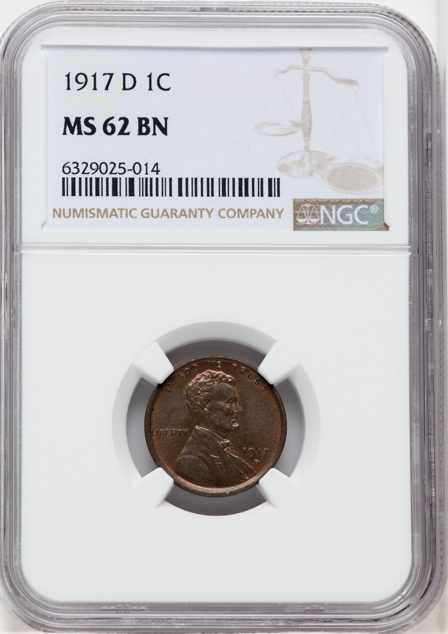 1917-D 1C MS62 Brown NGC. NGC Census: (73/203). PCGS Population: (103/356). CDN: $81 Whsle. Bid for NGC/PCGS MS62. Mintage ...